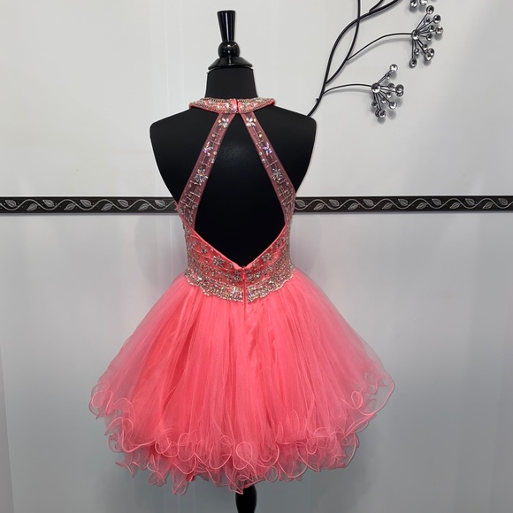 Coral Keyhole Jeweled Short Dress - Picture 3 of 4